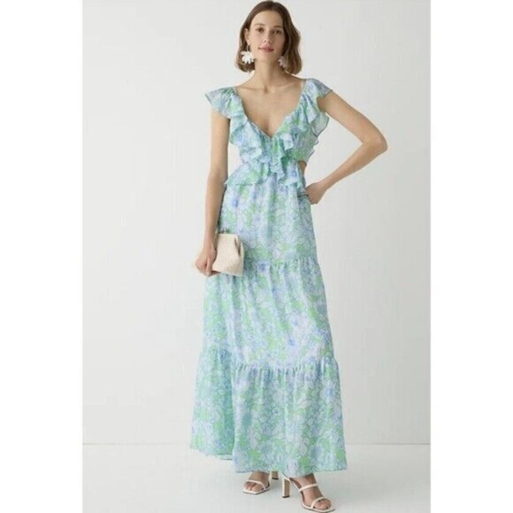 J.Crew Collection ruffle-trim cutout maxi dress in lime floral - Picture 2 of 3